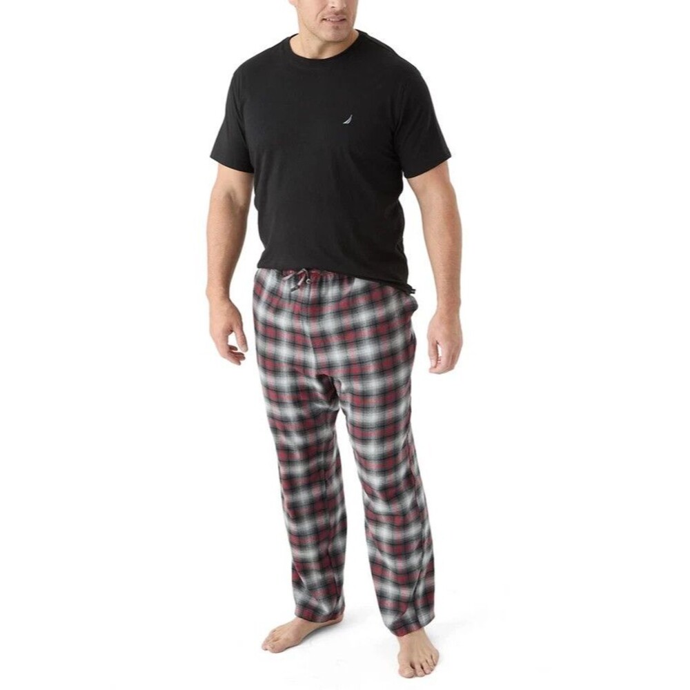 NAUTICA Pajama Set Mens XL Black Plaid Short Sleeve Flannel Straight Pants PJs